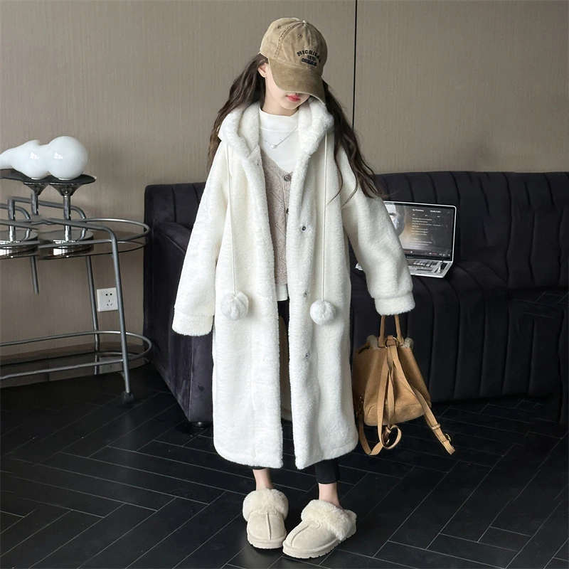 儿童加绒毛绒外套洋气冬季新款中大童加厚连帽大衣冬款保暖毛毛衣