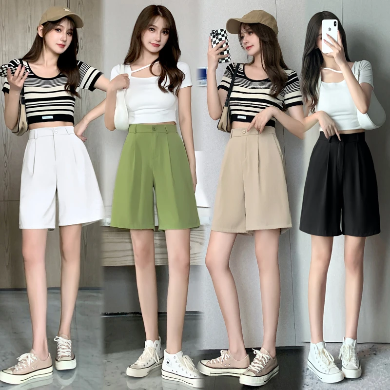 C16西装短裤女夏薄款高腰宽松a字休闲工装中裤直筒港味阔腿五分裤