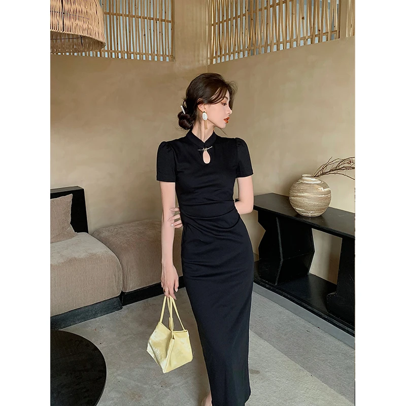 彭剩饭饭 新中式穿搭2024春夏中式立领短袖黑色收腰连衣裙C1227