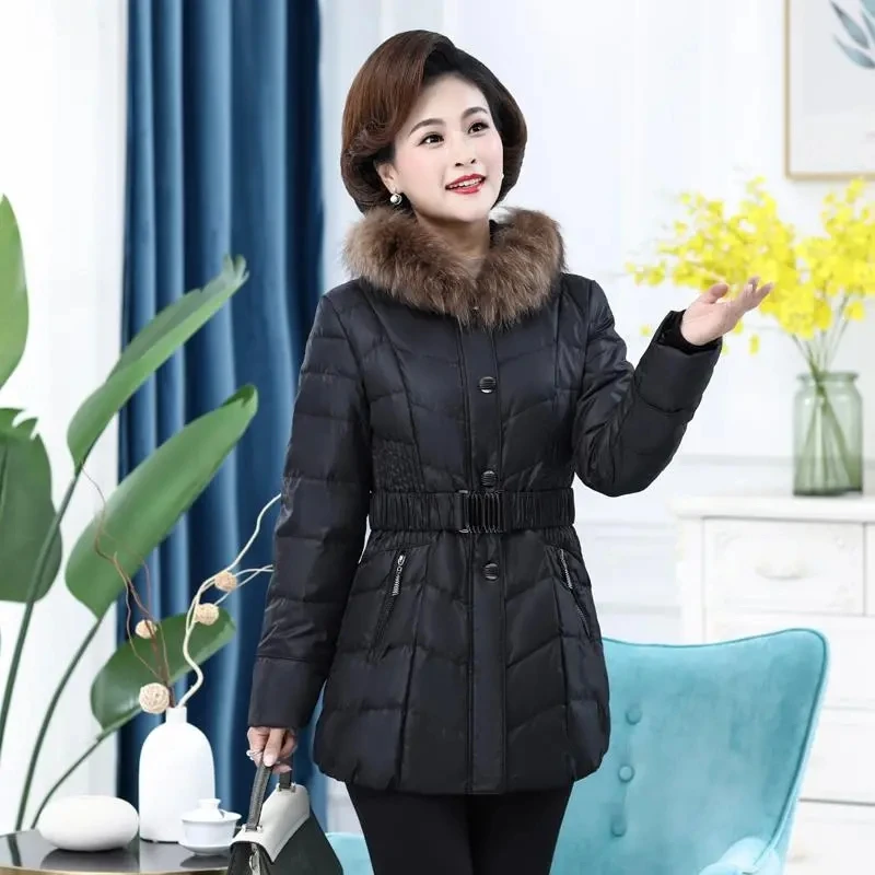 可脱卸毛领中年妈妈修身显瘦黑色羽绒服女中长款时尚保暖冬装外套