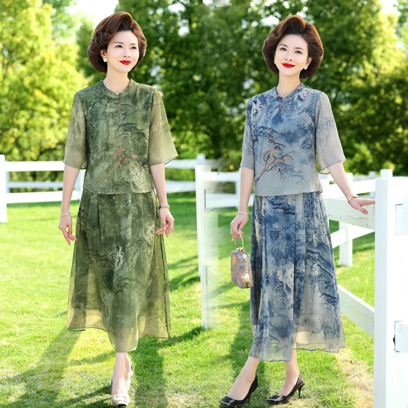 中年妈妈雪纺半身裙套装女2025夏装新款阔太太中式刺绣上衣两件套