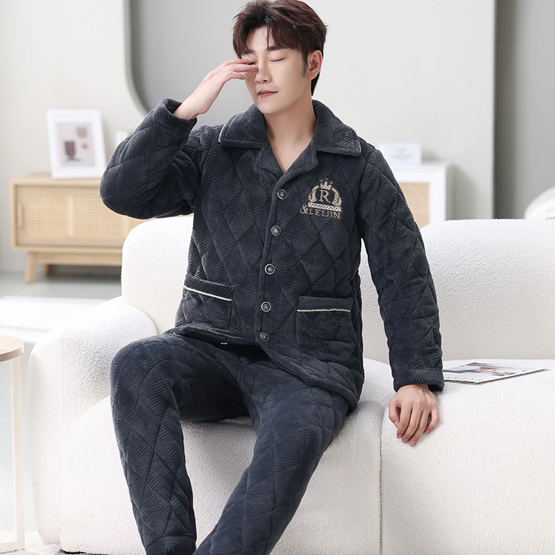 男士冬季睡衣三层加厚加绒保暖套装大码男睡衣加绒家居服长袖