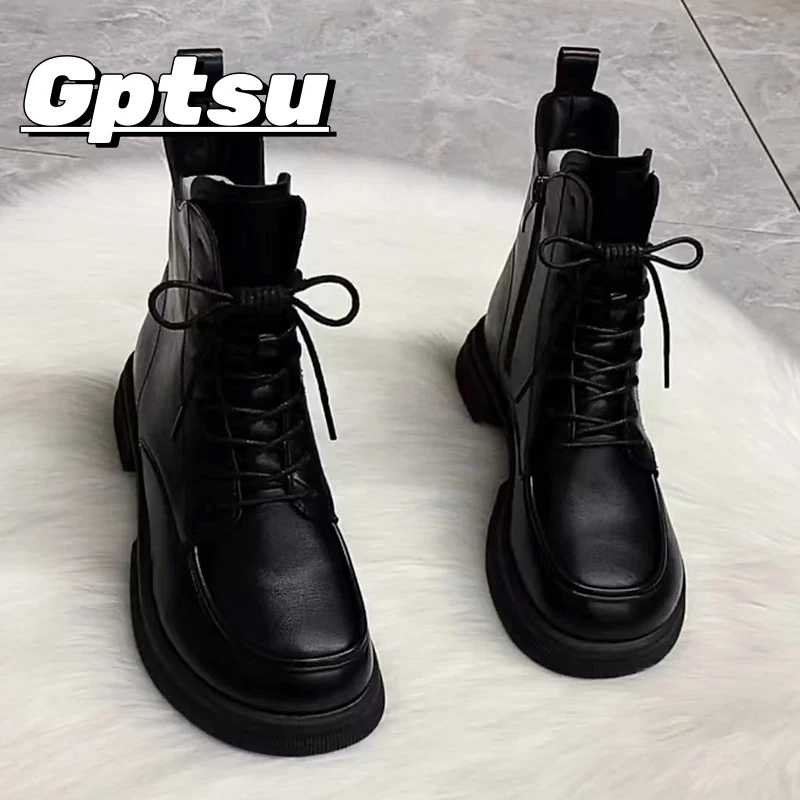 GPTSu真皮马丁靴女款平底瘦瘦靴真皮秋冬季软底皮靴子短靴女靴款