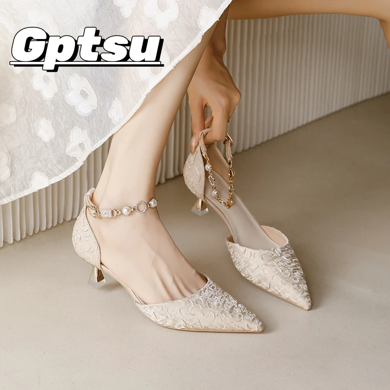 GPTSu女高跟鞋细跟法式中空单鞋尖头小低跟包头一字带仙女风凉鞋