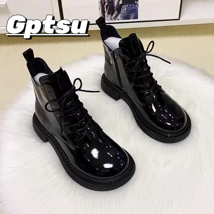 GPTSu女士秋冬时尚真皮漆皮芒果头马丁靴平底加绒棉靴百搭舒适