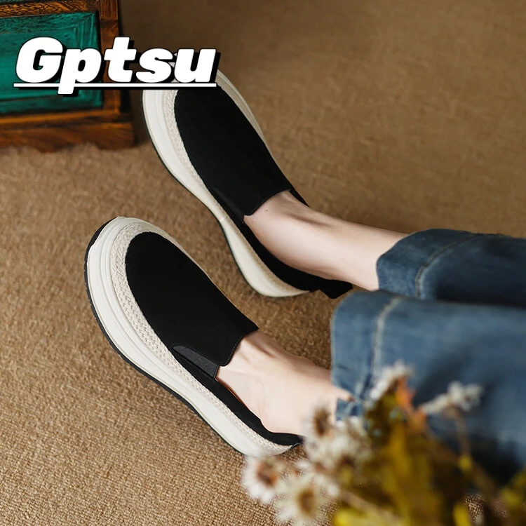 GPTSu厚底单鞋女款真皮磨砂乐福鞋秋百搭中跟一脚蹬松糕鞋网红鞋