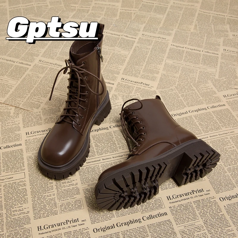 GPTSu英伦风马丁靴子女款新款棕色厚底小短靴女秋款单靴炸街女款