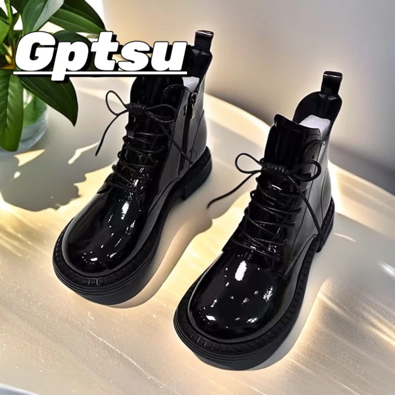 GPTSu时尚平底单靴女短靴秋冬真皮芒果头马丁靴女款漆皮加绒棉靴