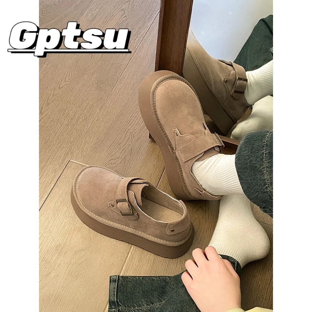 GPTSu厚底勃肯鞋2024秋款女鞋一脚蹬圆头复古乐福鞋百搭豆豆鞋女