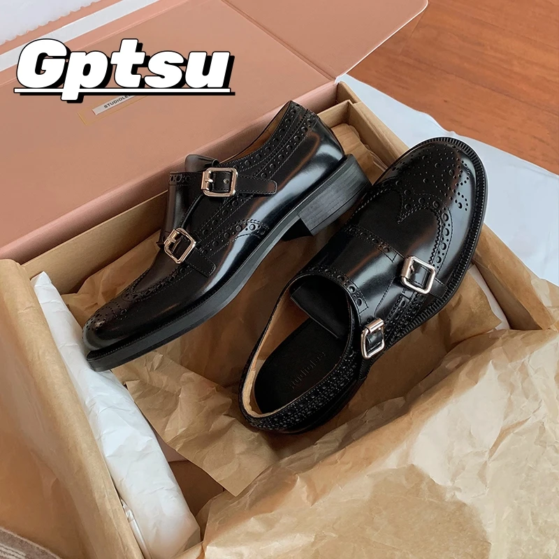 GPTSu2025 秋冬新款真皮雕花小皮鞋英伦风孟克单鞋复古平底粗跟