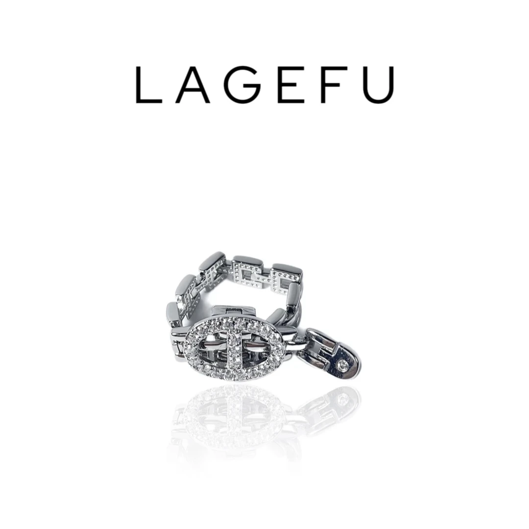 铜合金合成锆石戒指 【猪鼻子】轻奢满钻链条可调节戒指DN616