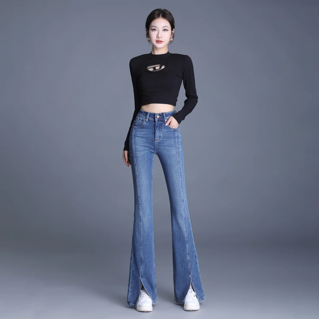 Aicheng【美大咖】开衩时尚高腰显瘦遮肉四面弹力喇叭牛仔女裤866