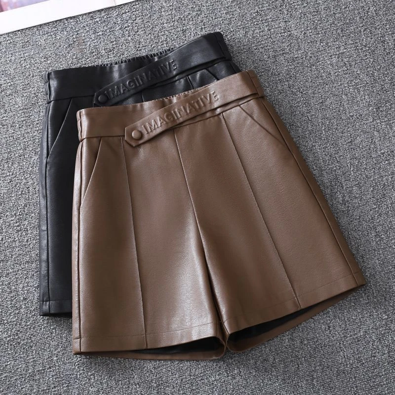 2025秋冬松紧腰pu皮短裤女阔腿女裤新款韩版时尚大码百搭皮裤外穿