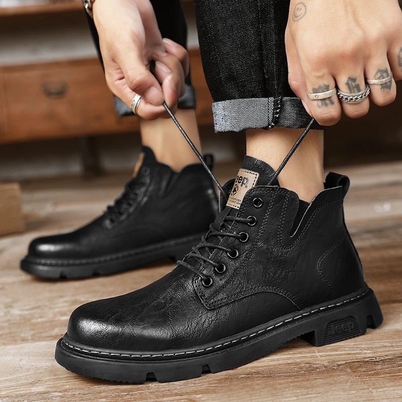 Jeep吉普新款秋季高帮皮鞋男士马丁靴英伦风复古休闲工装靴潮流