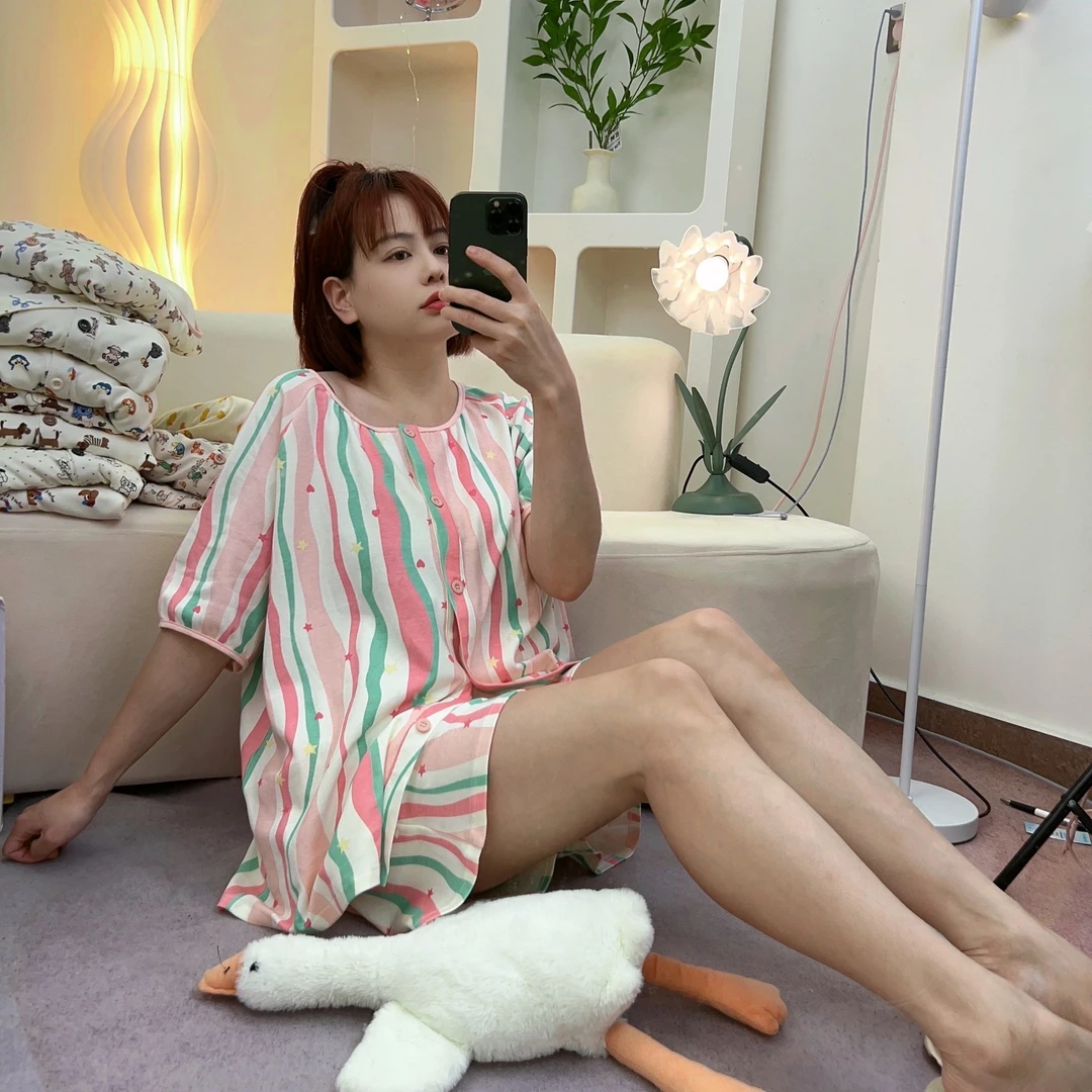 【多巴胺彩虹】100%纯棉夏季睡衣女套装圆领开衫ins卡通宽松大码