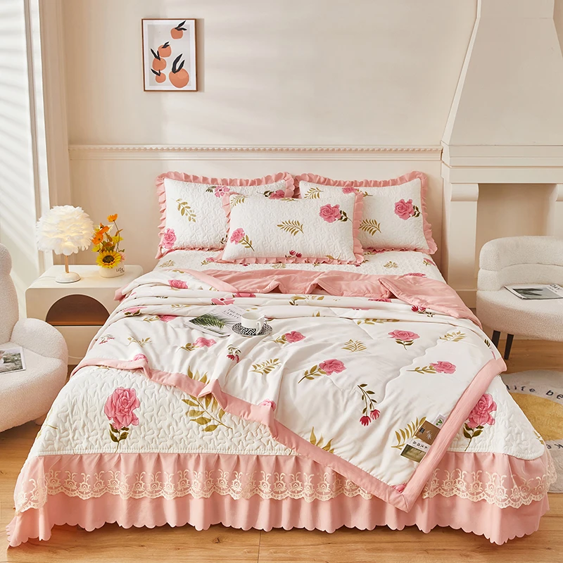 A类水洗棉麻泡泡纱夏被空调被床盖四件套韩版夹棉可机洗床裙3件套