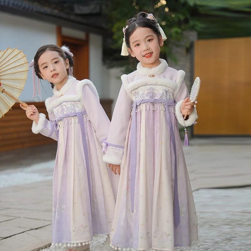 汉服女童冬装中国风连衣裙加绒加厚古装2024新款小女孩公主裙唐装