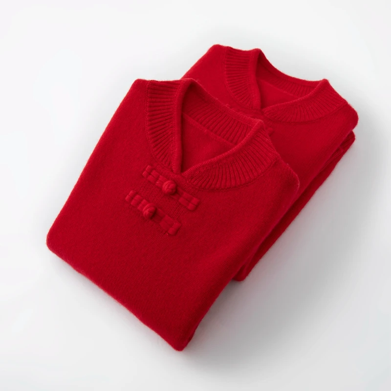 男女童国风针织衫立领盘扣新中式100纯山羊绒中大童新年红色毛衣