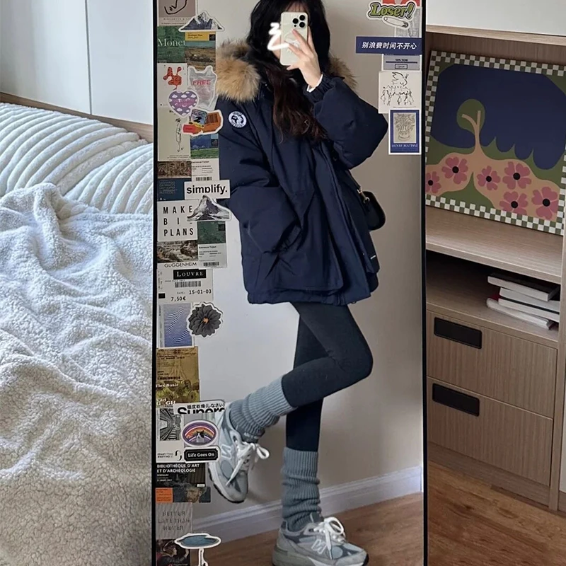 藏青色外套毛领工装克服2024冬季加厚宽松棉服新款棉衣小个子棉袄