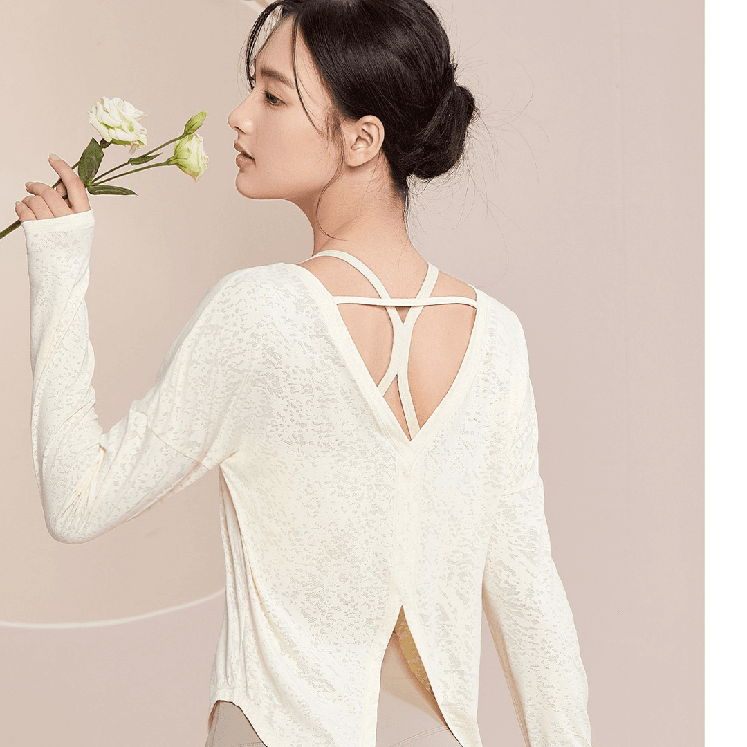 CX001夏季透气开叉提花长袖瑜伽性感镂空宽松罩衫薄款修身显瘦