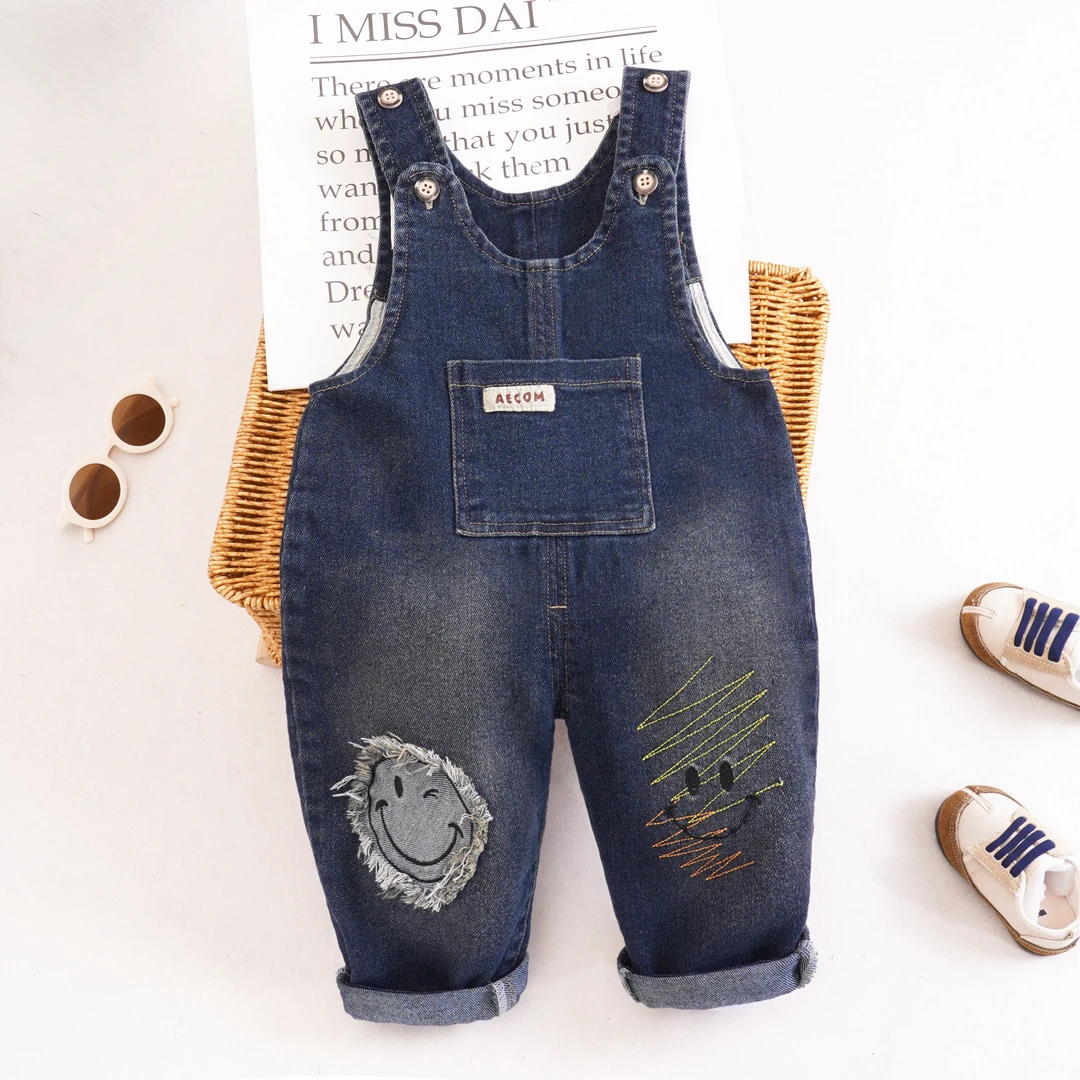 宝宝牛仔背带裤春秋季新款笑脸一岁儿童软牛仔裤子女童婴儿休闲裤