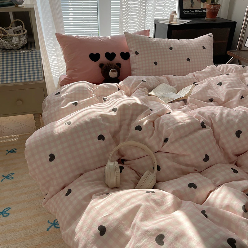 四件套全棉纯棉水洗棉爱心格子被套床单学生宿舍三件套简约亲肤