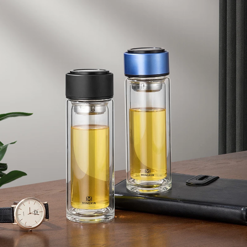 明霞双层玻璃杯商务办公手工水杯便携车载泡茶杯开业礼品杯子批发