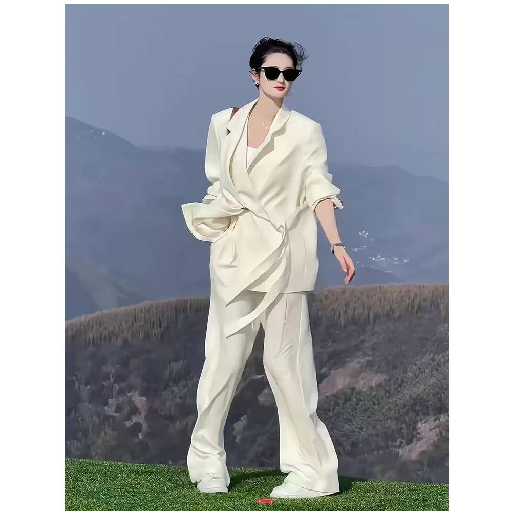 大码女装宽松西装阔腿裤套装微胖mm时尚休闲设计感系带西服两件套