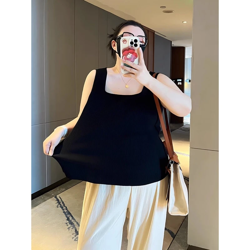 胖mm秋季新品百搭多色宽肩带U领内搭背心宽松通勤针织遮肉吊带女