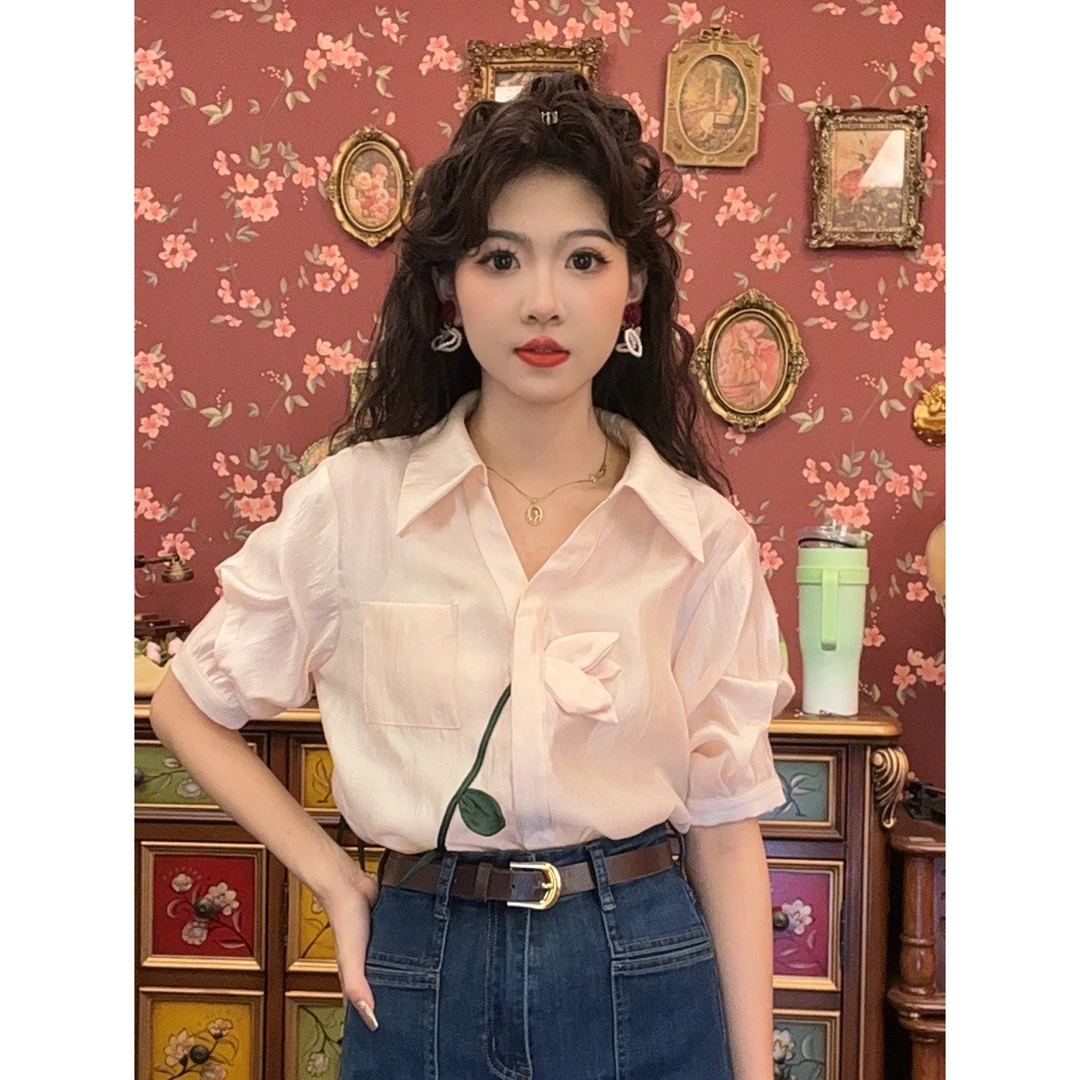 小妍【粉茉甜心】港味复古显瘦气质设计感上衣25879