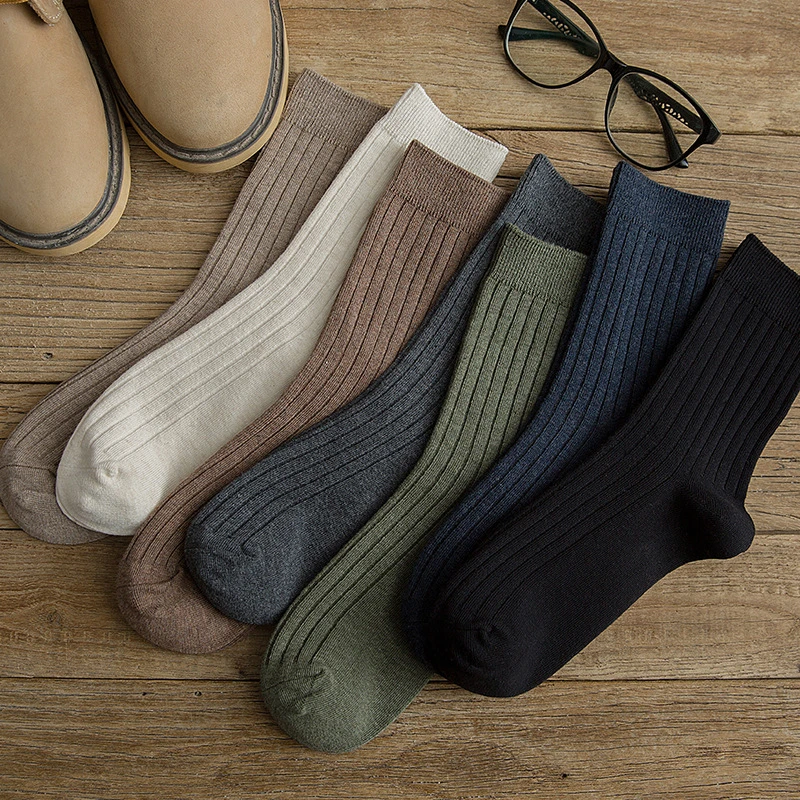 秋冬新款防臭吸汗男士中筒袜复古日系纯色运动百搭长筒袜