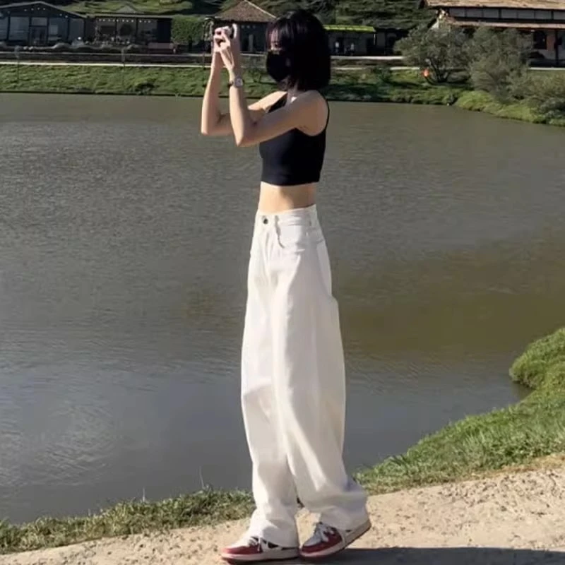 白色阔腿牛仔裤女2023年新款春秋宽松显瘦垂感高腰直筒拖地裤加长