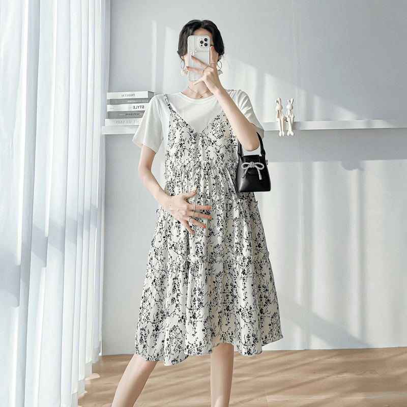 夏季孕妇裙碎花拼接连衣裙洋气宽松大码假两件气质显瘦孕妇上衣裙