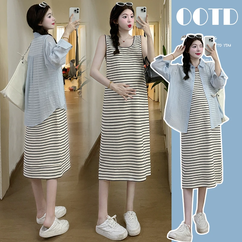 孕妇装夏季简约修身条纹连衣裙套装韩版百搭裙子和防晒衬衣两件套