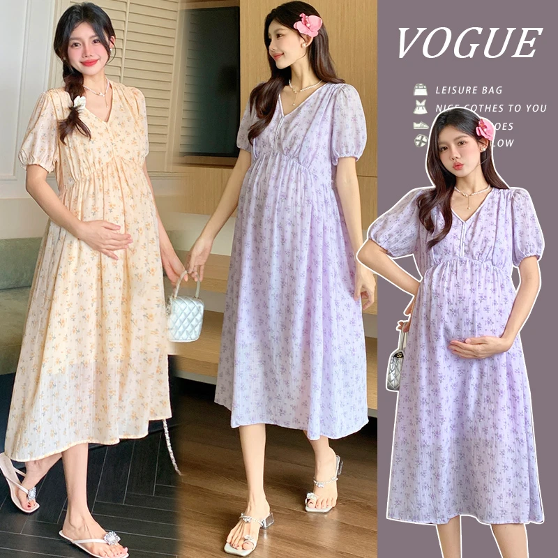 孕妇夏季法式印花气质V领长款遮肚显瘦连衣裙洋气碎花宽松潮妈裙