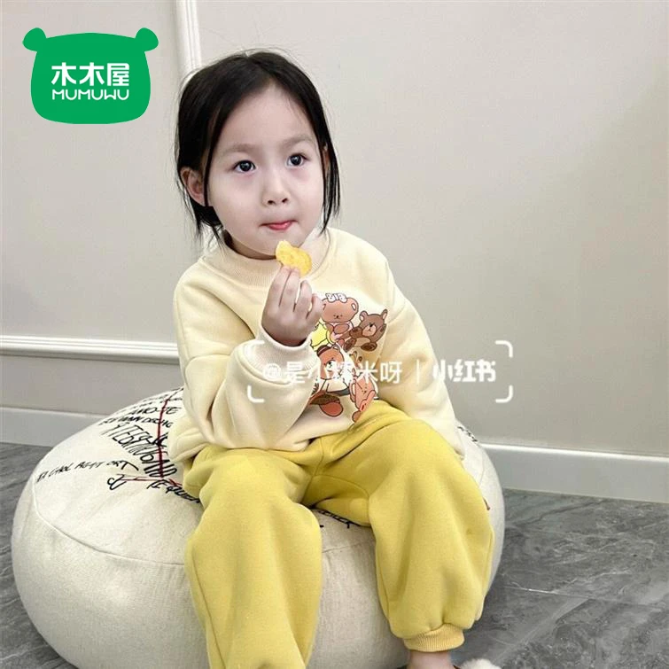 木木屋儿童套装宝宝新款小熊印花加厚卫衣卫裤男女童卡通两件套装