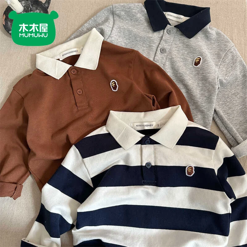 木木屋男童纯棉POLO衫春秋款长袖T恤儿童翻领洋气男孩打底衫上衣