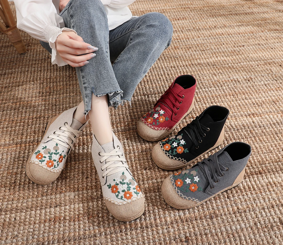 2024春秋文艺森女透气民族风绣花系带布鞋舒适平底女士布鞋