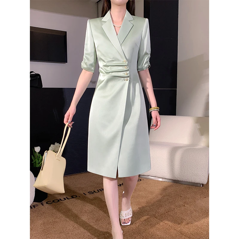 【轻奢高端】浅绿色西装女神范女夏季新款薄款气质职业正装美业裙子