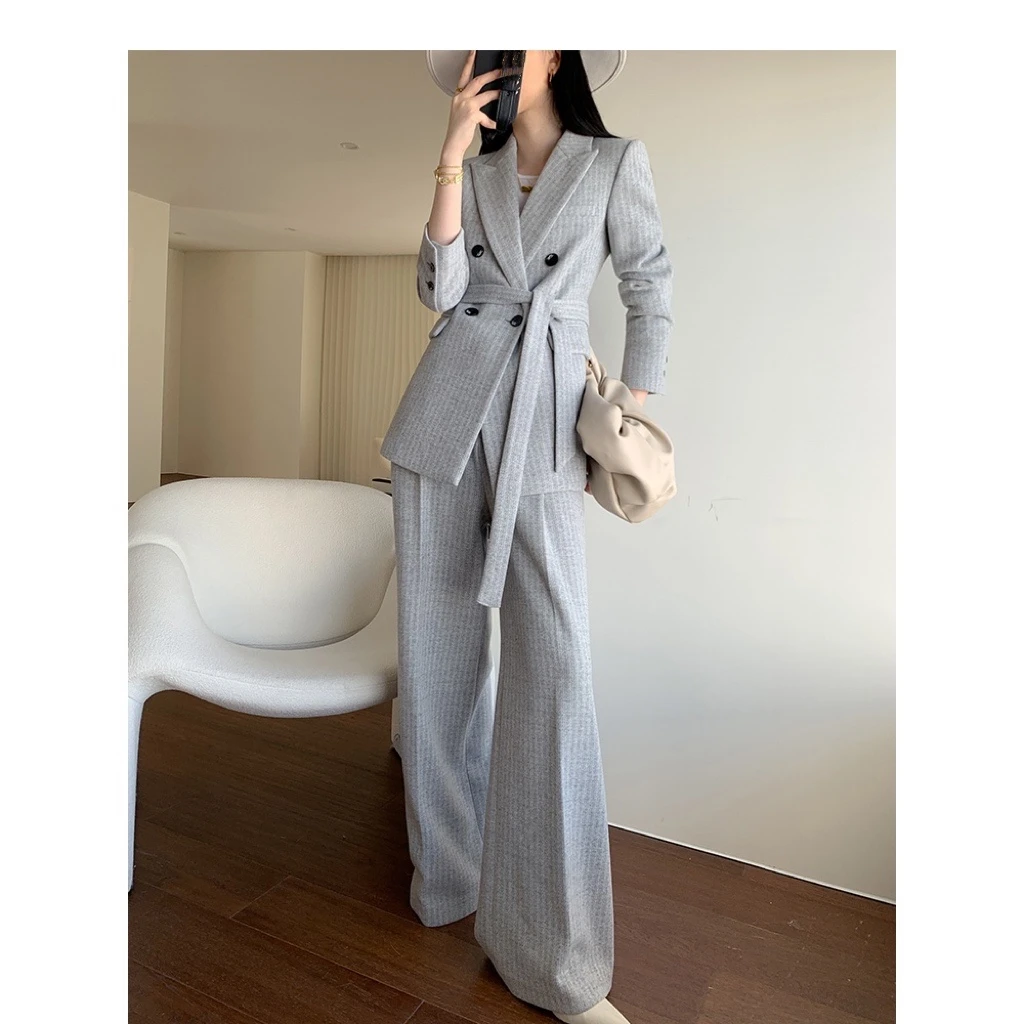 【轻奢高端】毛呢西装套装女2025冬季时尚气质休闲条纹西服套装女