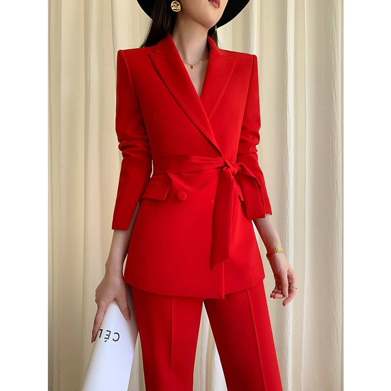 【轻奢高端】红色西装套装女秋装2025婚礼服装主持人气质休闲西服