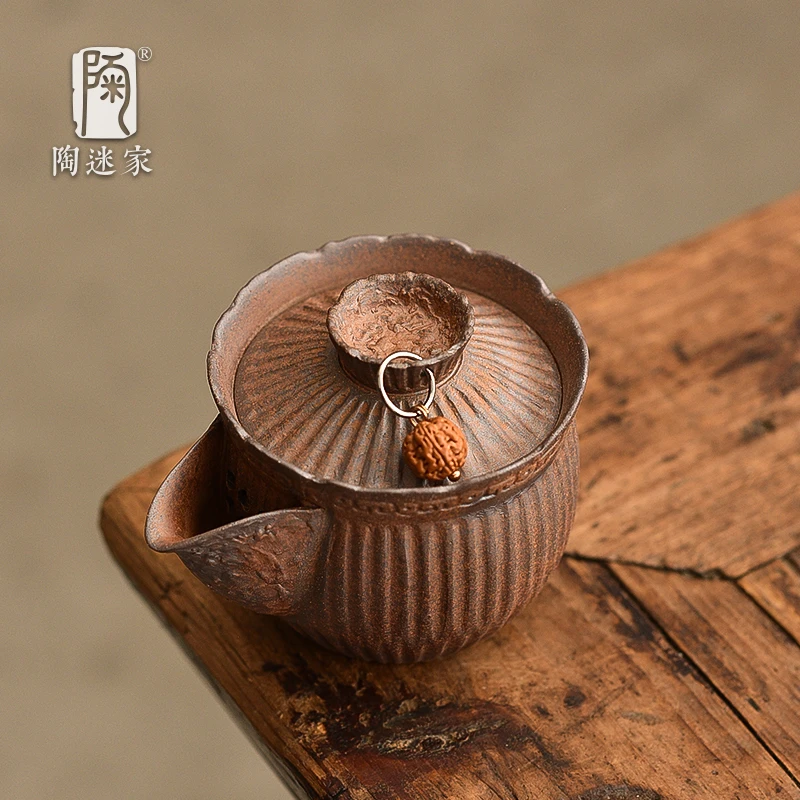 陶迷粗陶条纹手抓壶老岩泥手工雕刻茶壶小容量复古单壶可养泡茶具