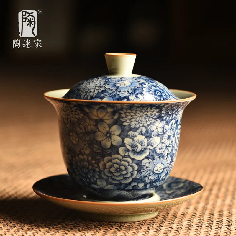 陶迷古汝青花盖碗手抓三才碗泡茶杯老陶泥汝窑可养家用陶瓷岩茶碗
