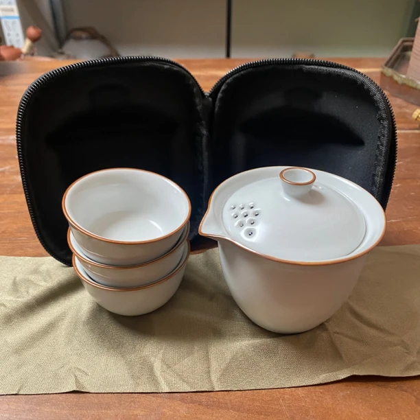 旅行茶具快客杯一壶三杯月白汝窑功夫茶具带布包茶巾便携式茶具套