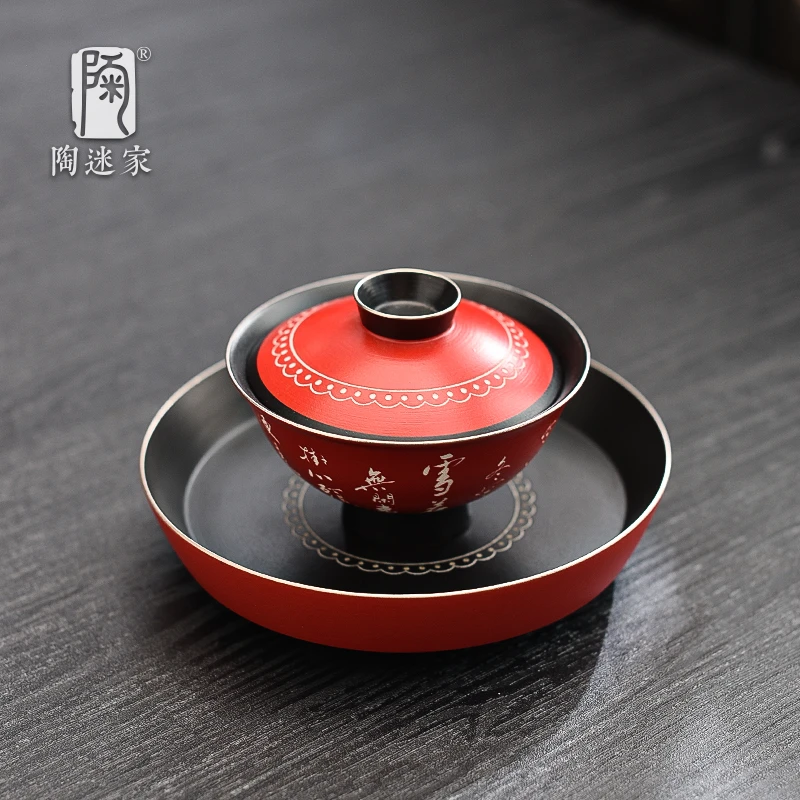 陶迷手拉胚粗陶盖碗中国红三才碗手工雕刻四季诗高端泡茶功夫茶具