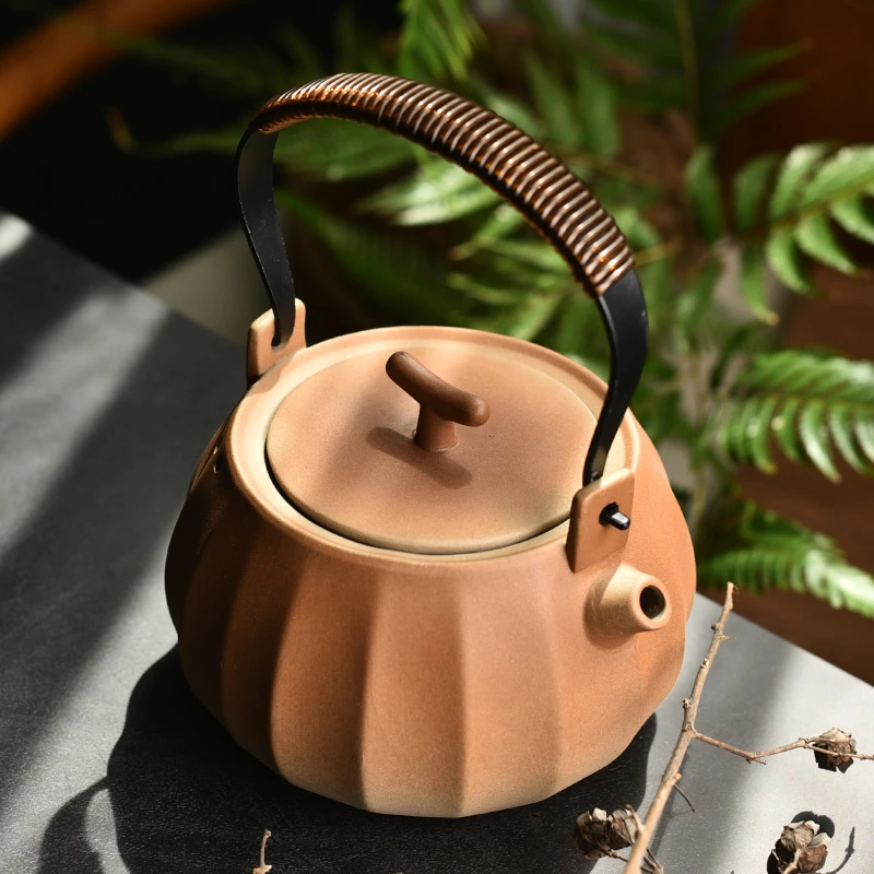 陶泥枫叶色大号南瓜提梁壶可炭烧酒精烧500CC烧水壶茶壶手工煮水