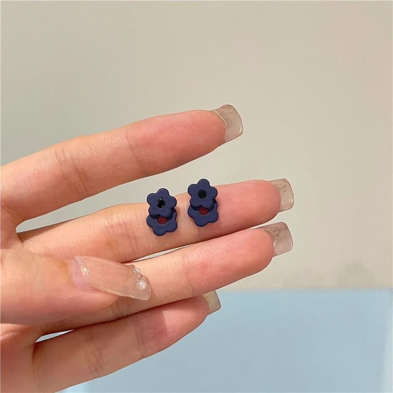 日韩花朵宝蓝色耳钉女简约耳环女2023新款气质耳饰耳夹无耳洞小巧