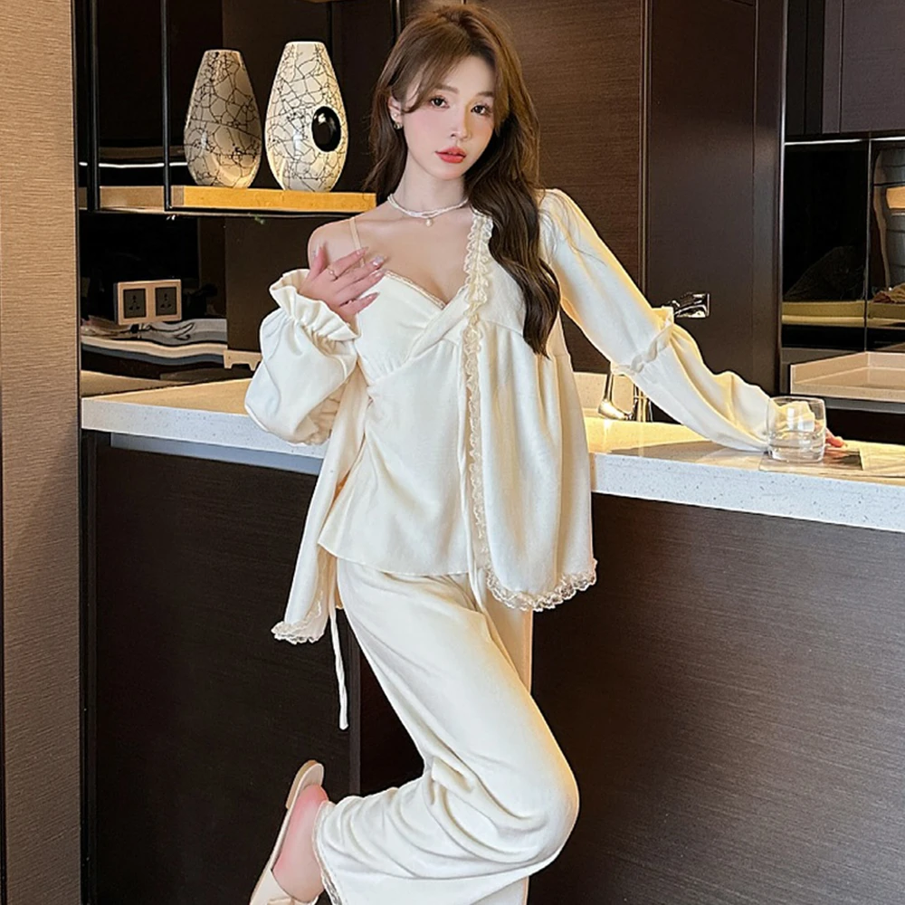 【涟漪】秋冬双面海岛绒睡衣三件套轻奢甜美风家居服减龄软乎乎宽松