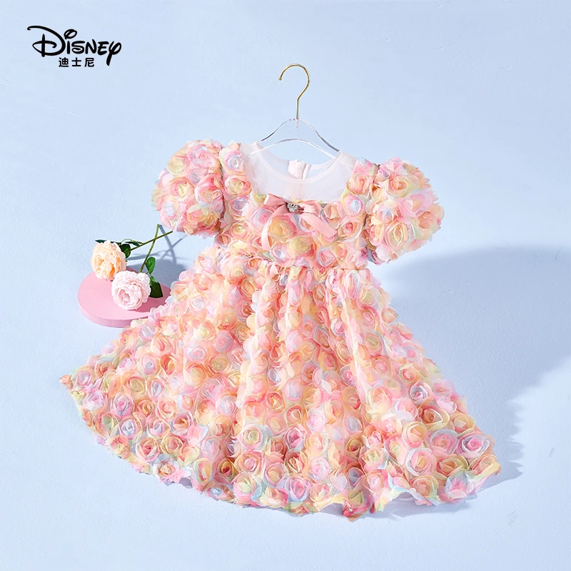 Disney/迪士尼新款夏季儿童公主裙粉色中长款夏季泡泡袖连衣裙