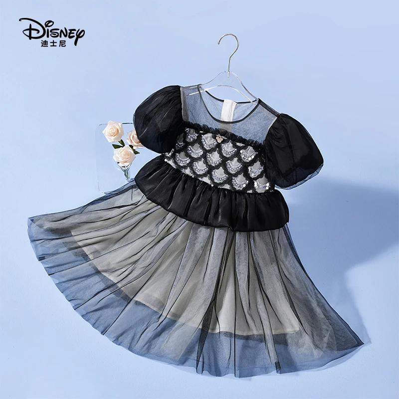 Disney/迪士尼夏季新款女童连衣裙拼接黑色复古蕾丝公主连衣裙